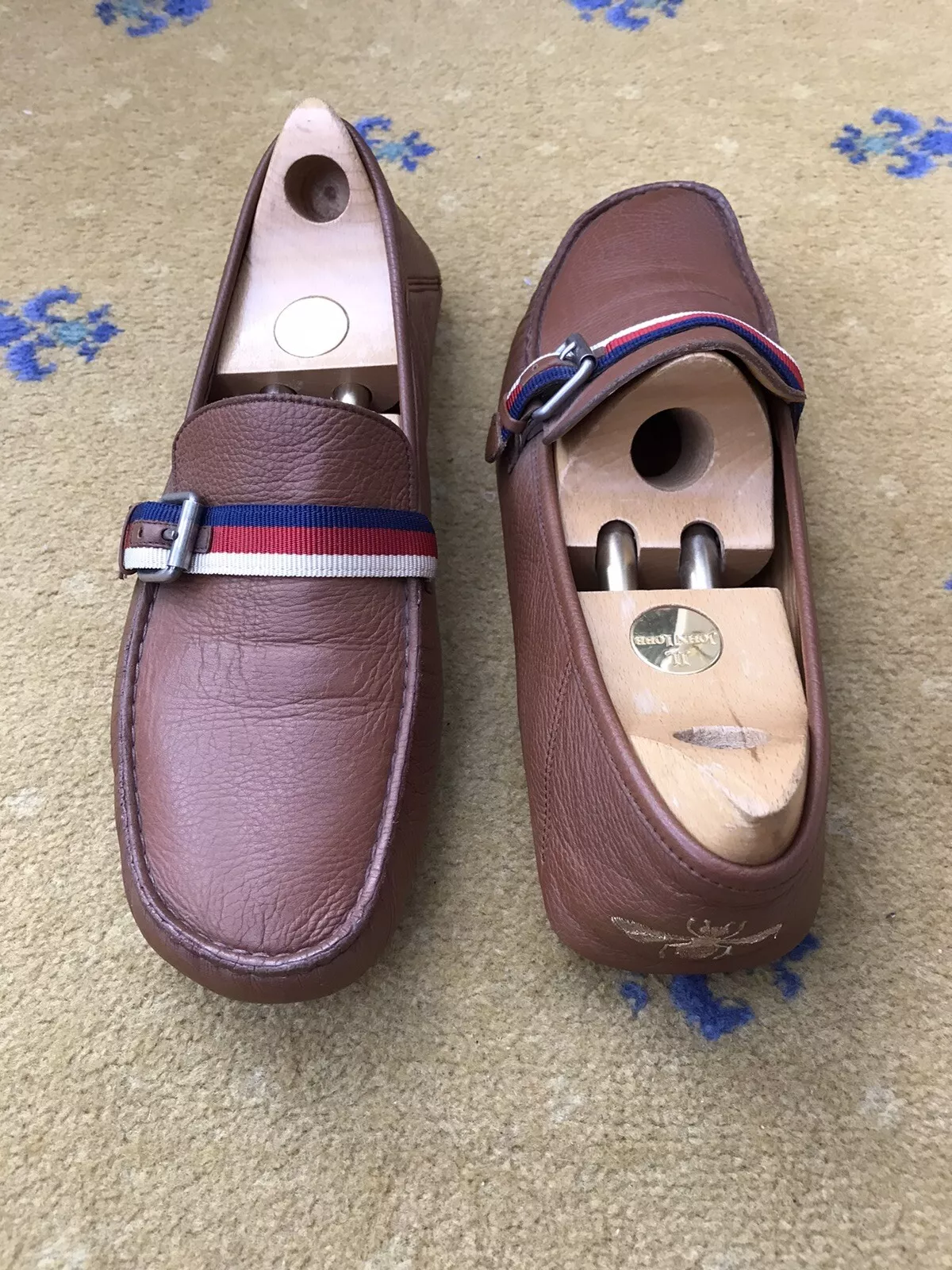 Mocassins Gucci chaussures en cuir marron conducteur toile d'abeille bleu rouge homme US 11 UK 10,5 44,5