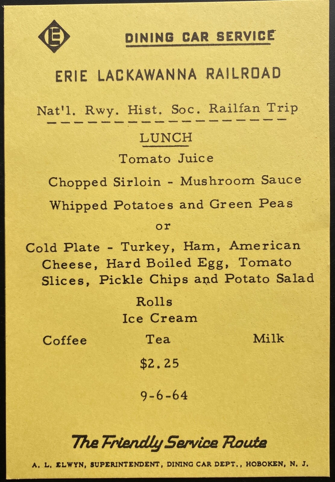 1964 ERIE LACKAWANNA RAILROAD vintage lunch menu DINING CAR SERVICE