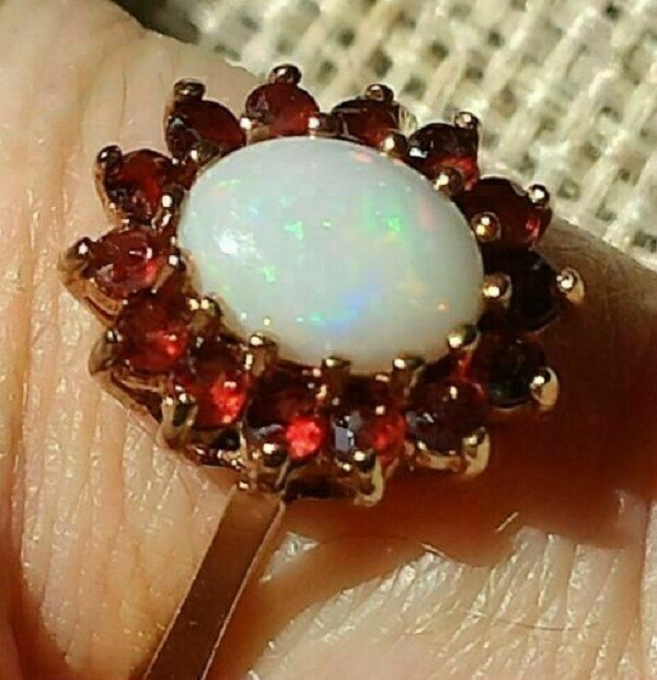 2Ct Oval Cut Fire Opal & Red Garnet Halo Engagement Ring 14K Yellow Gold Finish
