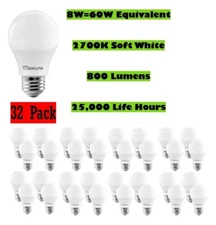 Light Bulbs 32 Pack Maxlite 60W Equivalent LED Soft White 2700K A19 E26 Dimmable