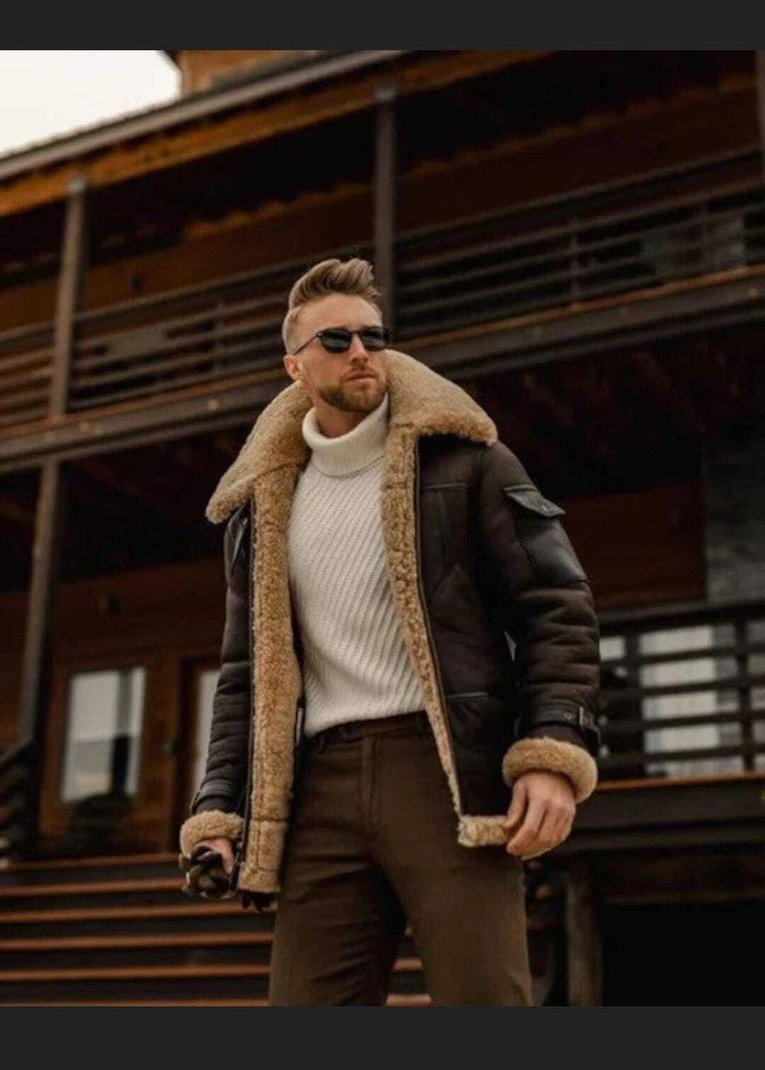Men's RAF Aviator Pilot B3 Flying Bomber Shearling Fur brown Real Leather Jacket