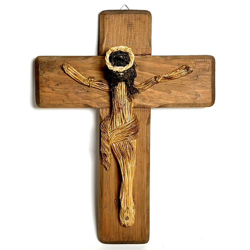 Wood Crucifix Artisan Hand Crafted Vintage Twine Jesus 14 in x 10.5 in