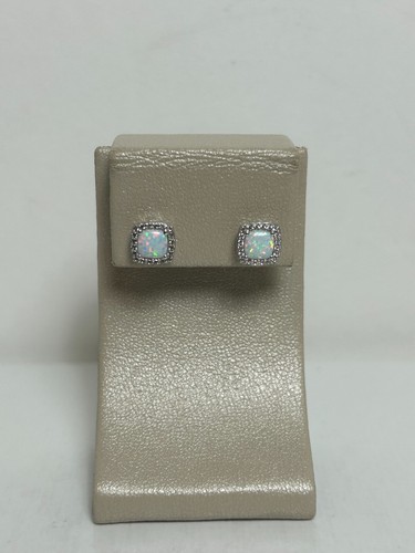 CHARMING 10K WHITE GOLD OPAL & CZ ACCENT STUD EARRINGS - Picture 7 of 17