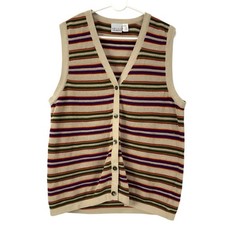 Lizgolf Liz Claiborne Striped Knit Vest Button Front Tan Multi Color Size L