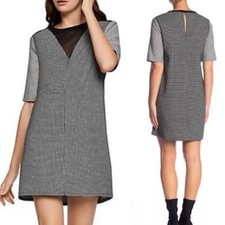 BCBGeneration Grid Print Mesh Neck Shift Dress L NWT Black White Keyhole 60s