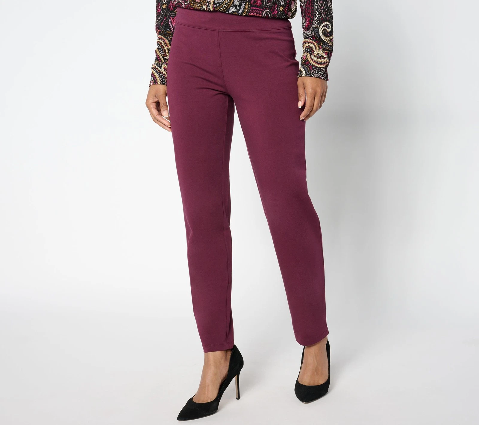 Susan Graver Petite Premium Stretch Slim Leg Pull-On Pants Dark Chili L New