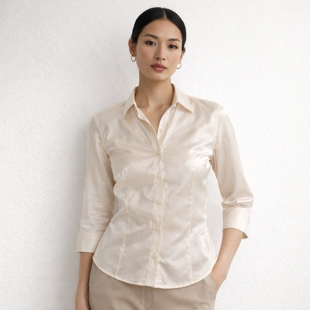 Carolina Herrera Taffeta Silk Button-Front Shirt Size 6 Cream Elegant Old Money