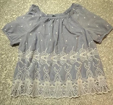 Talbots Blouse Womens Large Blue Embroidered Short Sleeves Peasant Top