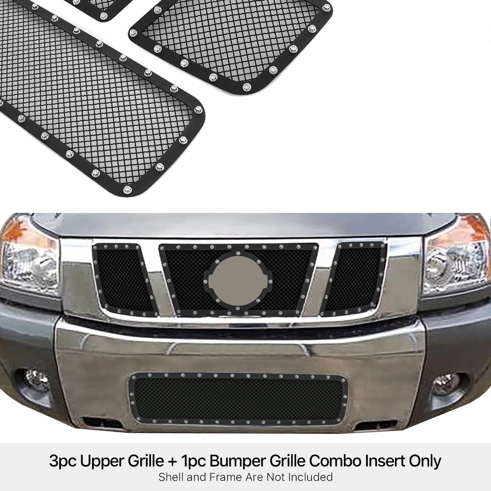 Combo de rejilla de malla remache negro de acero inoxidable para Nissan Armada/Titan 2004-2007 Foto 3 de 3