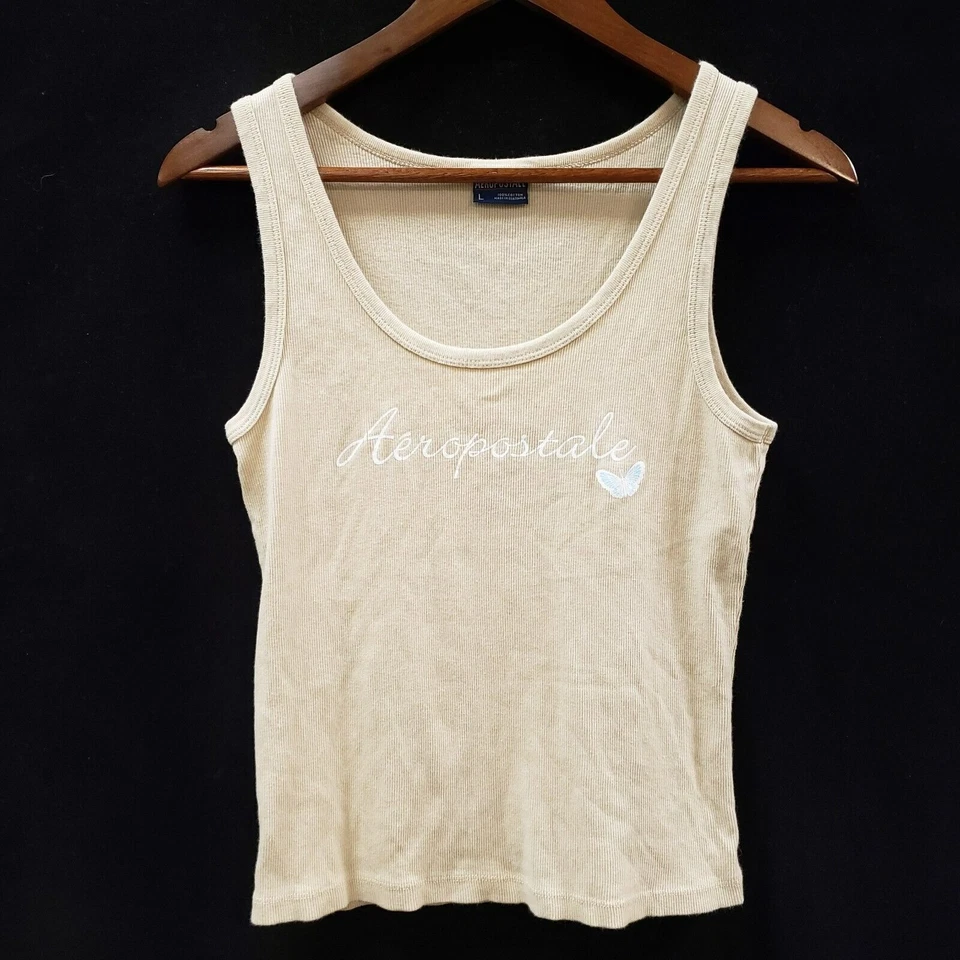 Vtg Aeropostale Y2K Ribbed Butterfly Tank Top Size L Cream Preppy Cotton Scoop - Image 2 of 4