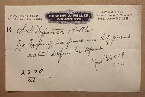 early 1900's Hoskins & Miller Druggists prescription Indianapolis, IND