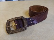 Vintage Lucky Brand Y2K Leather Belt Brown Large Buckle Engraved Distressed
