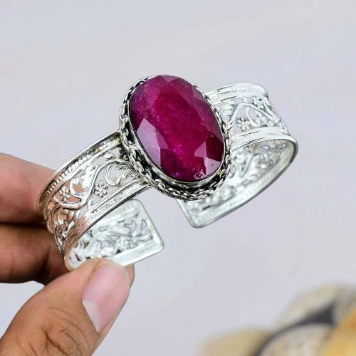 Ruby Simulated Bangle 925 Sterling Silver Handmade Bangle Anniversary Jewelry - Image 2 of 3
