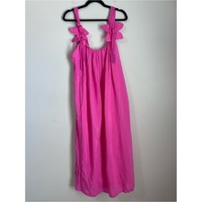 Farm Rio Sleeveless Floral Strap Midi Dress Pink Flowy Open Back Beaded Sz Large