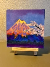 Mini landscape acrylic ink pencil "Mt. Fugi" on 4x4 canvas 1/1 Limited Signed