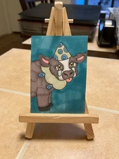 ACEO Original Mixed Media Painting Miniature Art Card ATC Cow 9
