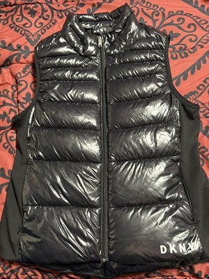 DKNY Vest Womens Med Shiny Quilted Puffer Lightweight Black Side Knit Panels
