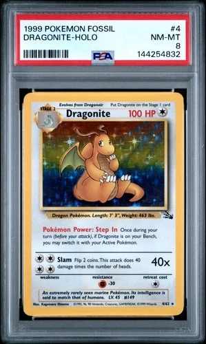 1999 POKEMON FOSSIL #4 DRAGONITE-HOLO PSA 8