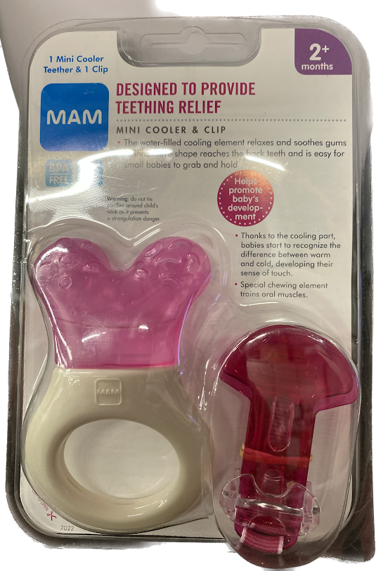 NIB MAM Pink and White Infant Mini Cooler Teether Clip Age 2+ Months
