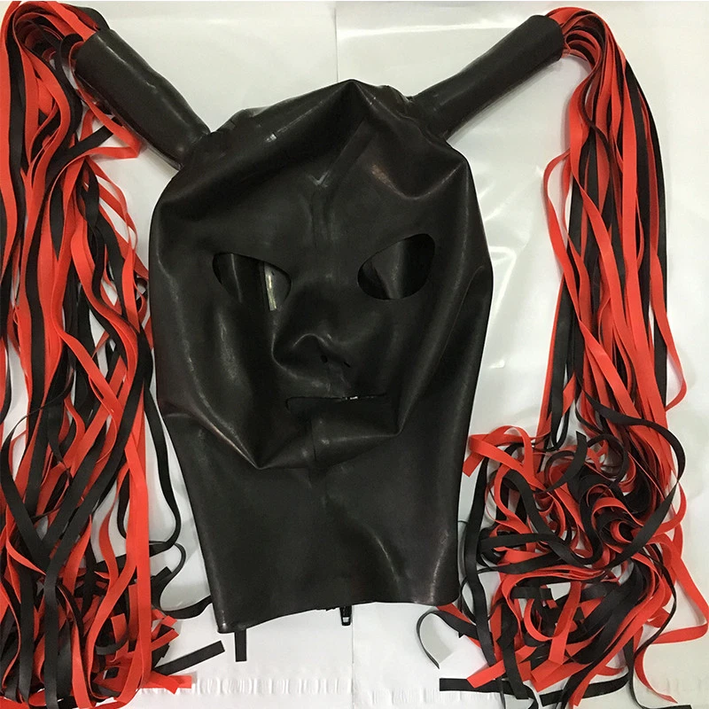 Latex Hood with Double Latex Wigs for Performance Rubber Mask Cosplay Club Wear - Image 2 of 4