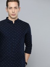Men  s Navy  White Slim Fit Printed Casual Shirt   Mandarin Collar, Long Sleeve