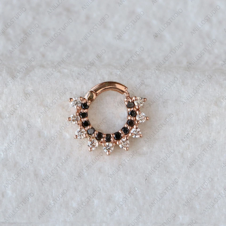 Natural Balck & White Diamond Septum Clicker, Daith Earring Piercing in 18k Gold - Image 2 of 4