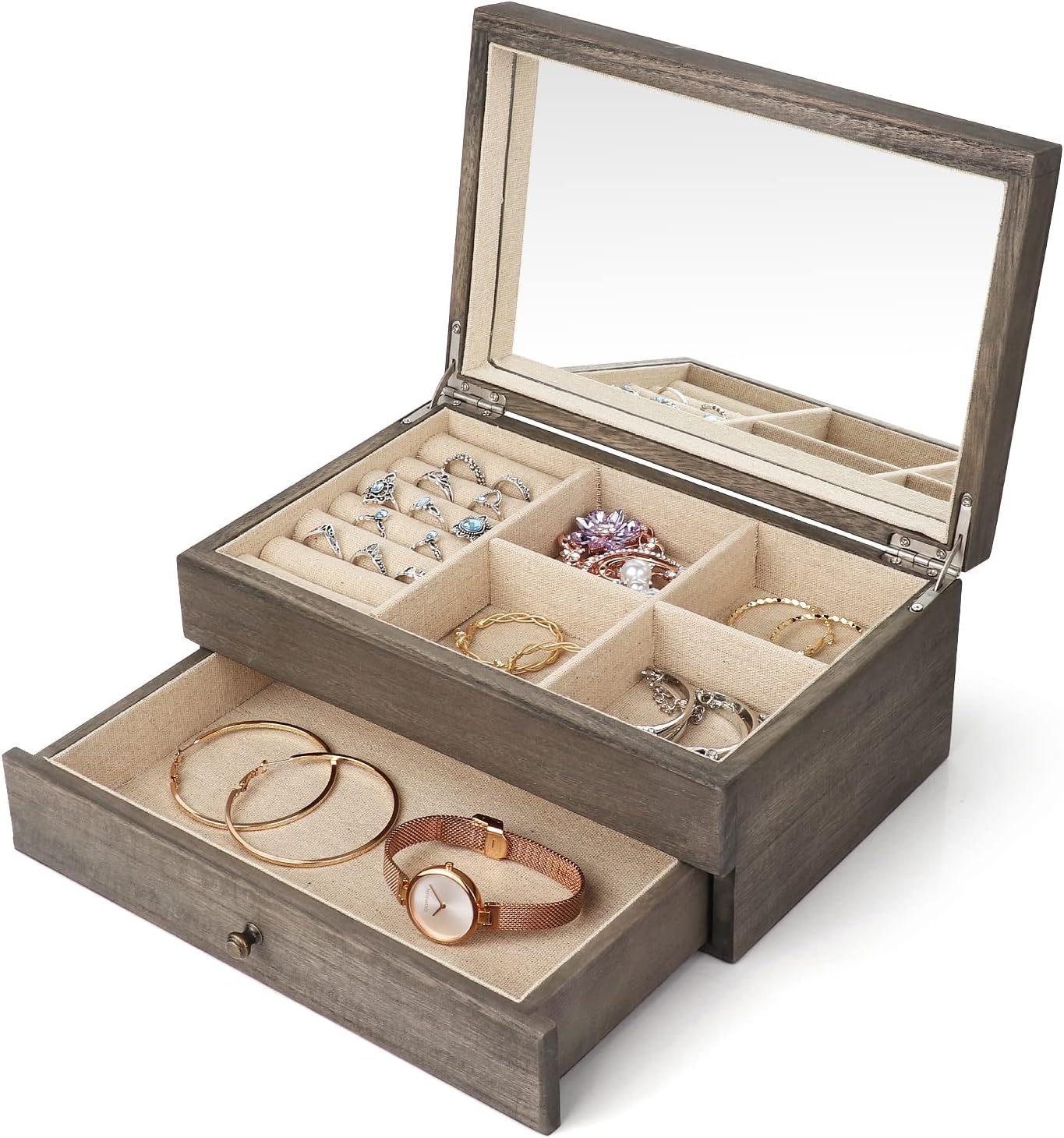 2-Layer Rustic Wood Jewelry Box Organizer for Women – Large Storage Case-image