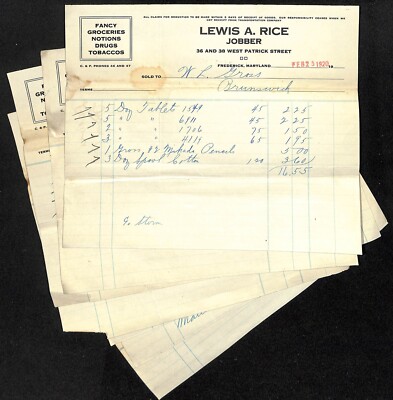 7 1920 Lewis A. Rice Frederick, MD Billheads ''W.L. Gross''* Brunswick, MD