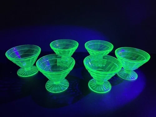 Vintage Federal Glass Uranium Glass 3” Low Sherbet Dessert Cups - SET OF 6