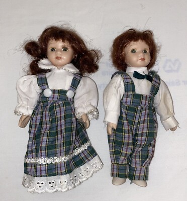 Porcelain Dolls Twin Matching Girl & Boy Dark Brown Hair Green Eyes