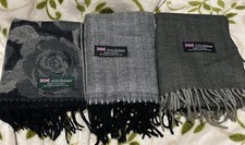 100  Cashmere Scarves Grey Floral, Lt. Grey Herringbone, Med Grey New, Lot of 3