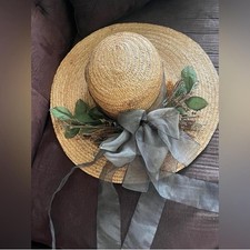 Vintage Straw Hat with Gray Ribbon and Dried Flowers Cottage Core Fairy Prop