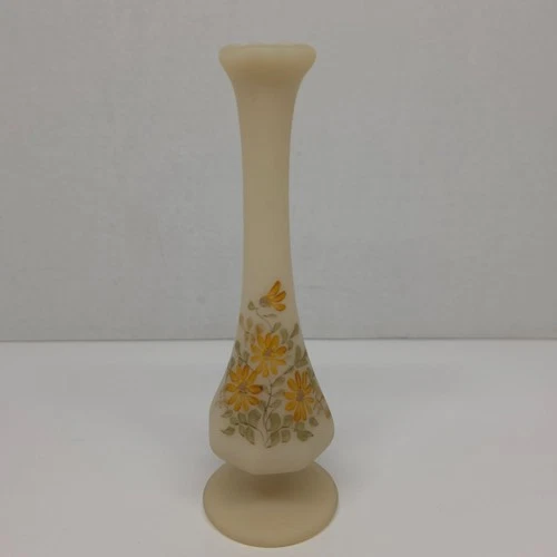 Vintage 8" Fenton Swung Vase Floral Art Glass Custard Hand Painted Signed