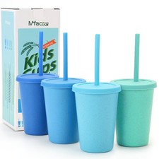 4 Pack Wheat Straw Cups with Lid and Straws, 10 oz Unbreakable Kids Cup, Reus...