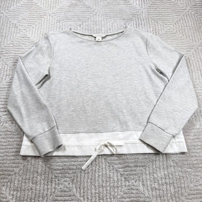 Club Monaco Mixed Media Drawstring Hem Top Women's Medium Gray White Scandi Chic