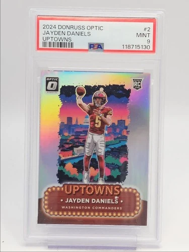 JAYDEN DANIELS 2024 DONRUSS OPTIC UPTOWNS ROOKIE SP COMMANDERS RC PSA 9 Q0004