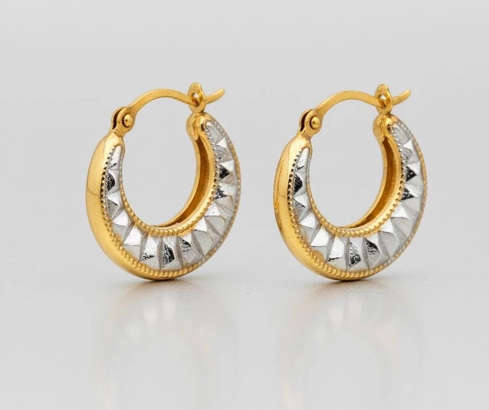 14K Two Tone Hoop Earrings Diamond Cut Solid Gold Yellow White 15mm - Image 2 of 4