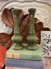 Rustic Wooden CandleSticks Distressed Green Floral French Country Candle Holders