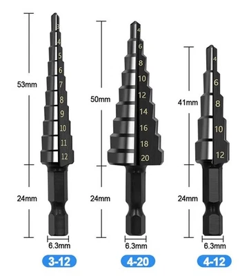 MANKUS Stufenbohrer Ø 3-20 mm Set Stufen Konusbohrer 6,3mm (bit) Schaft Profiwerkzeug