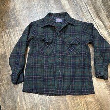 Vintage Pendleton Board Shirt Loop Collar Flap Pockets Plaid Wool 60's 70's Sz L