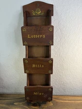 Vintage Wood 3 Slot Wall Mail Letter Bill Sorter Key Ring Holder Rack Organizer