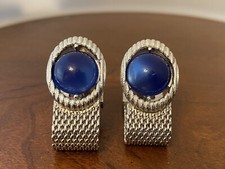 Vintage Swank Blue Cabochon Mesh Wrap Cuff Links