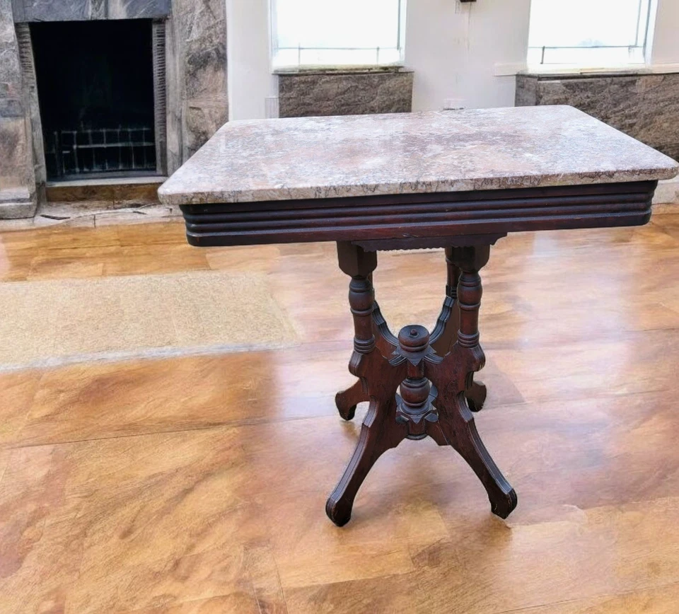 Bonita mesa antigua victoriana Eastlake alrededor de 1880 nogal malva beige mármol Foto 2 de 4