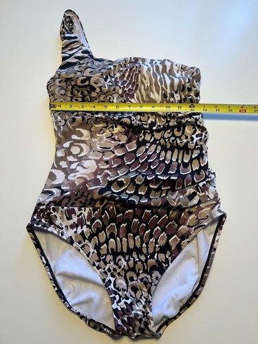 PERRY ELLIS Leopard Print One Shoulder Rouched Bathing Suit Size 12 - Picture 3 of 10