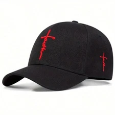 Faith Cross Embroidered Christian Black & Red Baseball Cap,Adjustable Hat, Jesus
