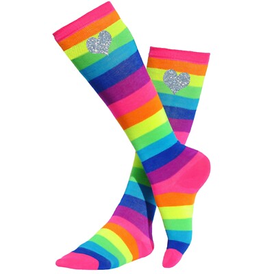 Bubblegum Divas Girls Rainbow Knee High Socks Silver Hearts Kids Long Stockings 