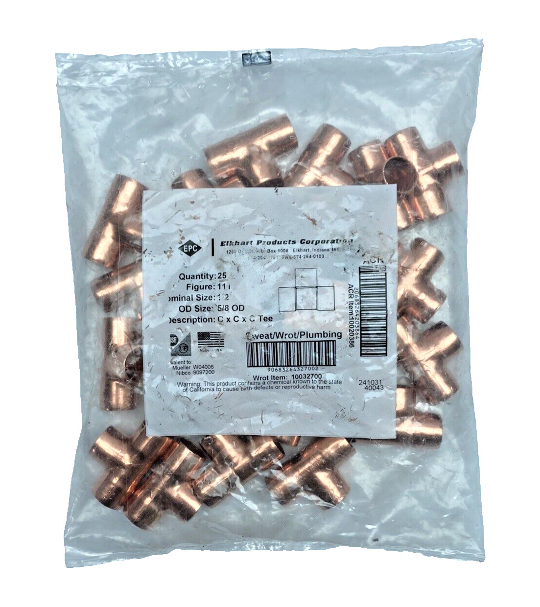 Pack of 25, Elkhart 10032700 Wrot 1/2" Copper Pipe Tee, Sweat, Series 111 CXCXC