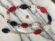 Vintage Red White Blue Plastic Beaded Link Belt 70's Adjustable 1976 GROOVY 