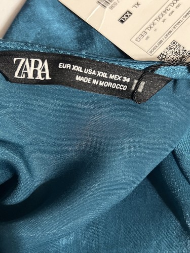 ZARA Women’s 2XL Teal Green 3/4 Sleeve Satin Deep V-Neck MIDI Dress NWT - Picture 11 of 13