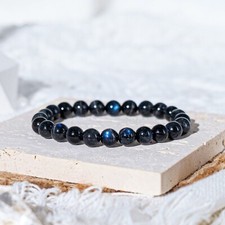Natural Black Labradorite Stone Bracelet 7mm Blue Sheen Crystal Stretch Bracelet